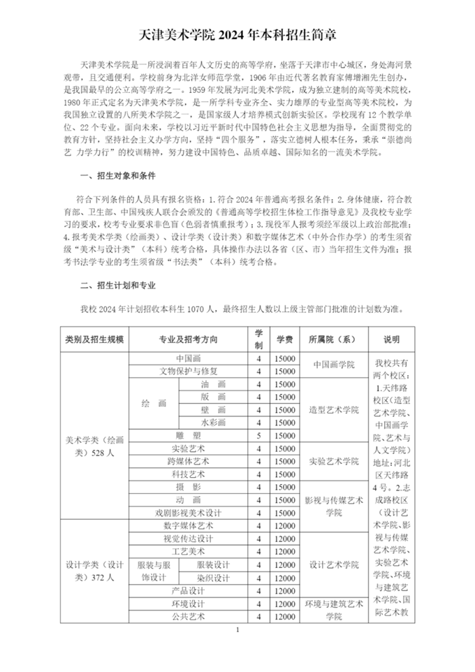 天津美术学院2024年本科招生简章