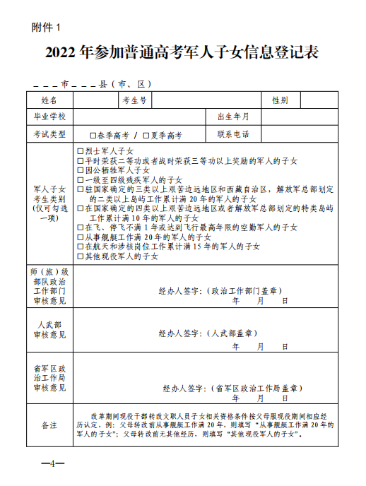 山东2022年参加高考军人子女信息报送工作的通知4